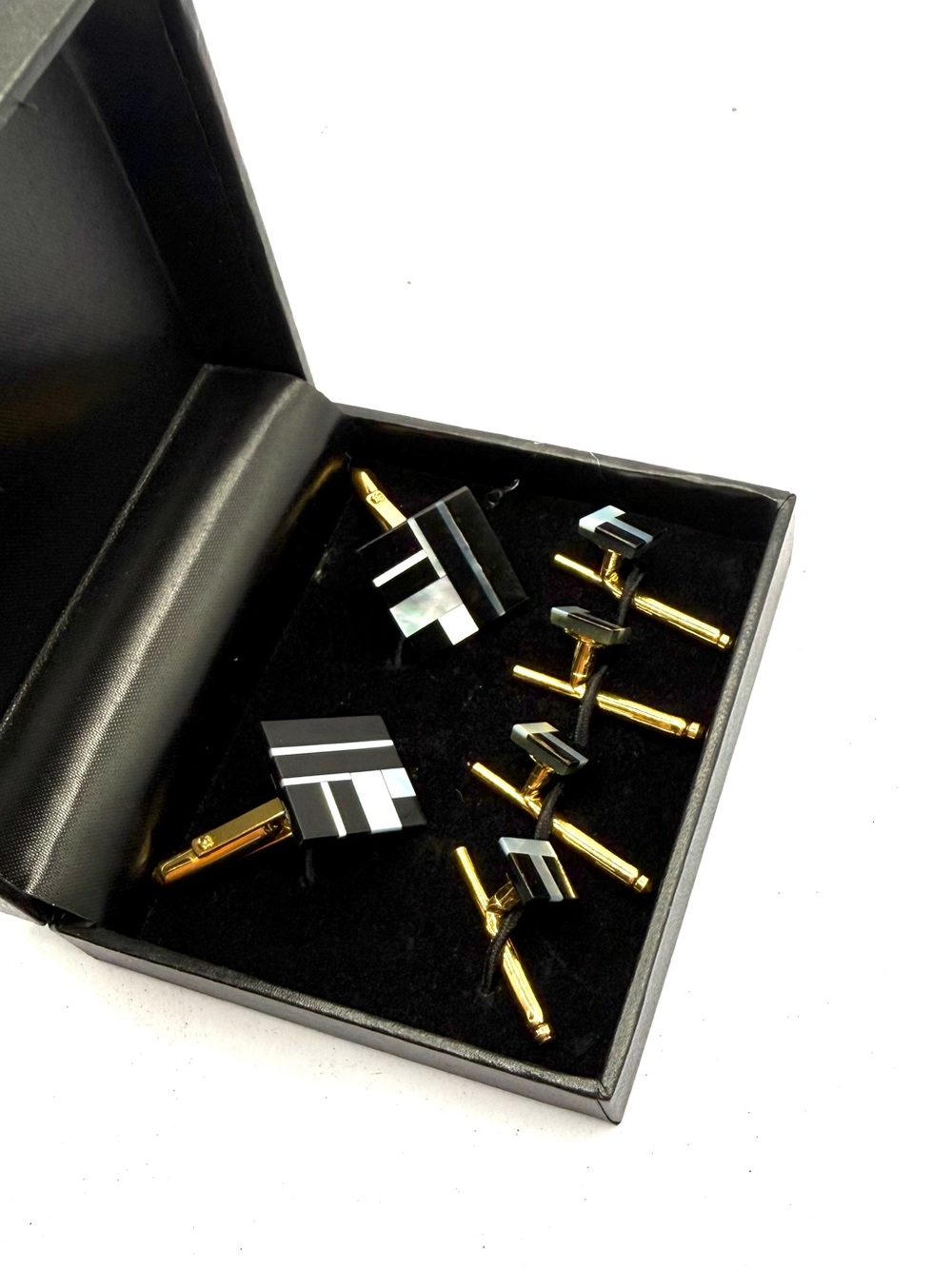 14k Black and White Gemstone Geometric Cufflinks and Stud Set